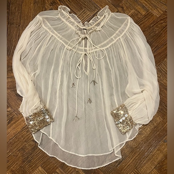 Free People Ivory Dream Sheer Split Neck Chiffon Sequin Cuff Boho Blouse Shirt S - Picture 2 of 8